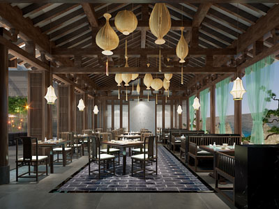 新中式原木中古风饭店餐馆就餐区
