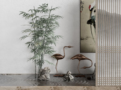 新中式仙鹤 竹子 假山 室内景观园艺小品