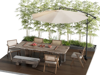侘寂中古户外休闲桌椅 遮阳伞 竹子 景观