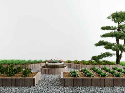 现代户外松树 水井景观园艺小品