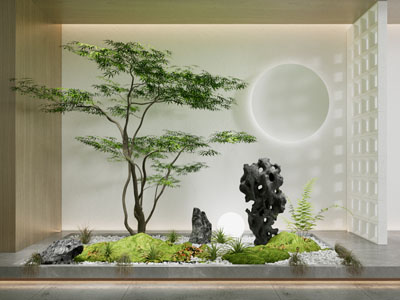 新中式假山 植物 树木室内景观园艺小品