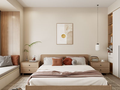 原木日式家居卧室 飘窗卧室 床头背景墙 床头柜 飘窗飘