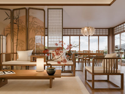 新中式家居客厅 沙发茶几组合 屏风 吊灯 餐桌椅组合