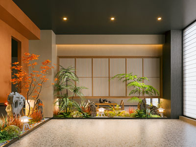 室内景观 植物造景 石雕