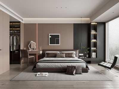 现代意式家居卧室 主卧 床头柜 皮质双人床 高级灰卧室
