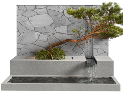 新中式喷泉水景 流水 树木花草 园艺小品