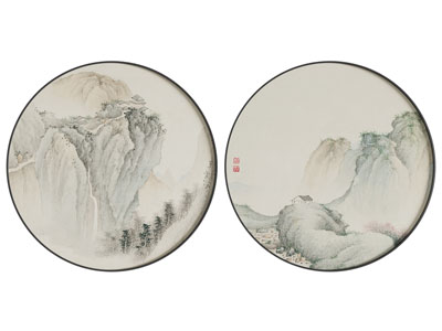 新中式典雅圆形山水装饰挂画