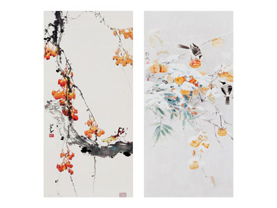 中式雅致红叶柿子飞鸟图案挂画组合