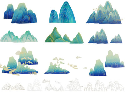国潮墙饰 山脉山峰 烫金线性山水 山水插画