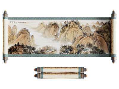 中式挂画 画卷 山水画卷 卷轴 横幅 山水画