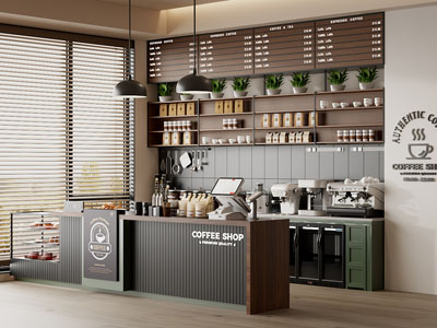 现代咖啡厅 咖啡吧台 咖啡机 面包店展柜 工作台 奶茶