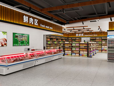 现代超市 生活超市 超市货架 百货区 鲜肉区 冻肉冷柜