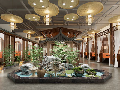 新中式中式中餐厅 水景 廊亭 餐桌组合