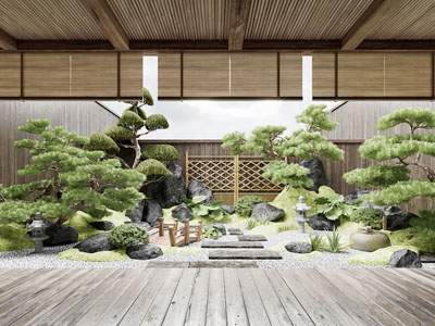 新中式 天井庭院景观 园艺小品