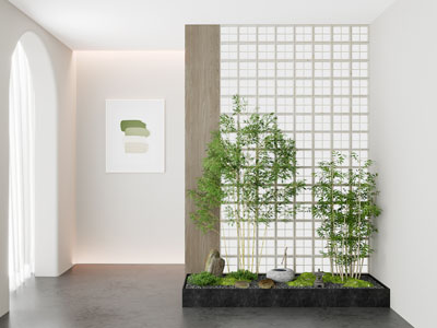 中古侘寂室内景观 屏风隔断竹子水景