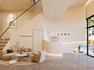 现代奶油美容院 弧形背景 造型展示墙 弧形沙发接待区
