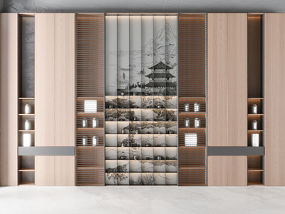 新中式茶柜 茶具展示柜 茶壶茶具 茶杯 山水背景墙 实
