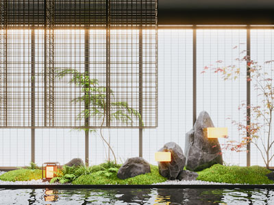 新中式室内景观造景 苔藓植物 景观石