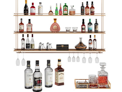 现代酒架 酒瓶 红酒 洋酒 威士忌 酒杯 酒具