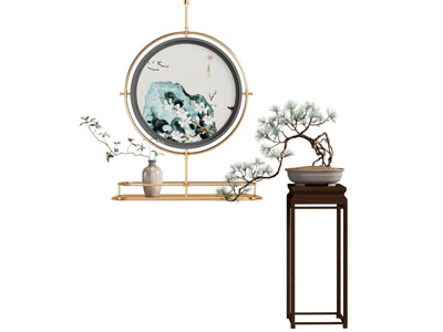 新中式装饰画 金属杆挂画 圆形挂画