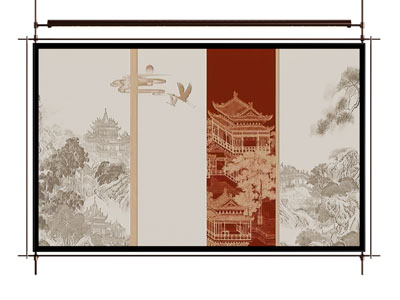 新中式金属画 建筑画 吊杆画