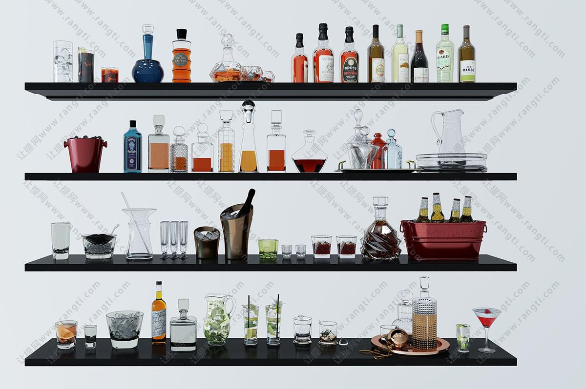 现代酒吧酒瓶、冰桶、洋酒、酒杯置物架