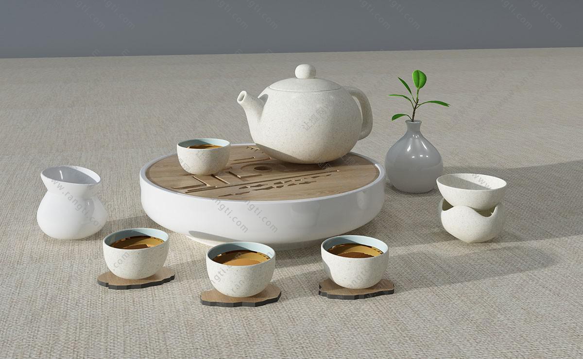现代瓷器茶盘、茶壶、茶杯组合