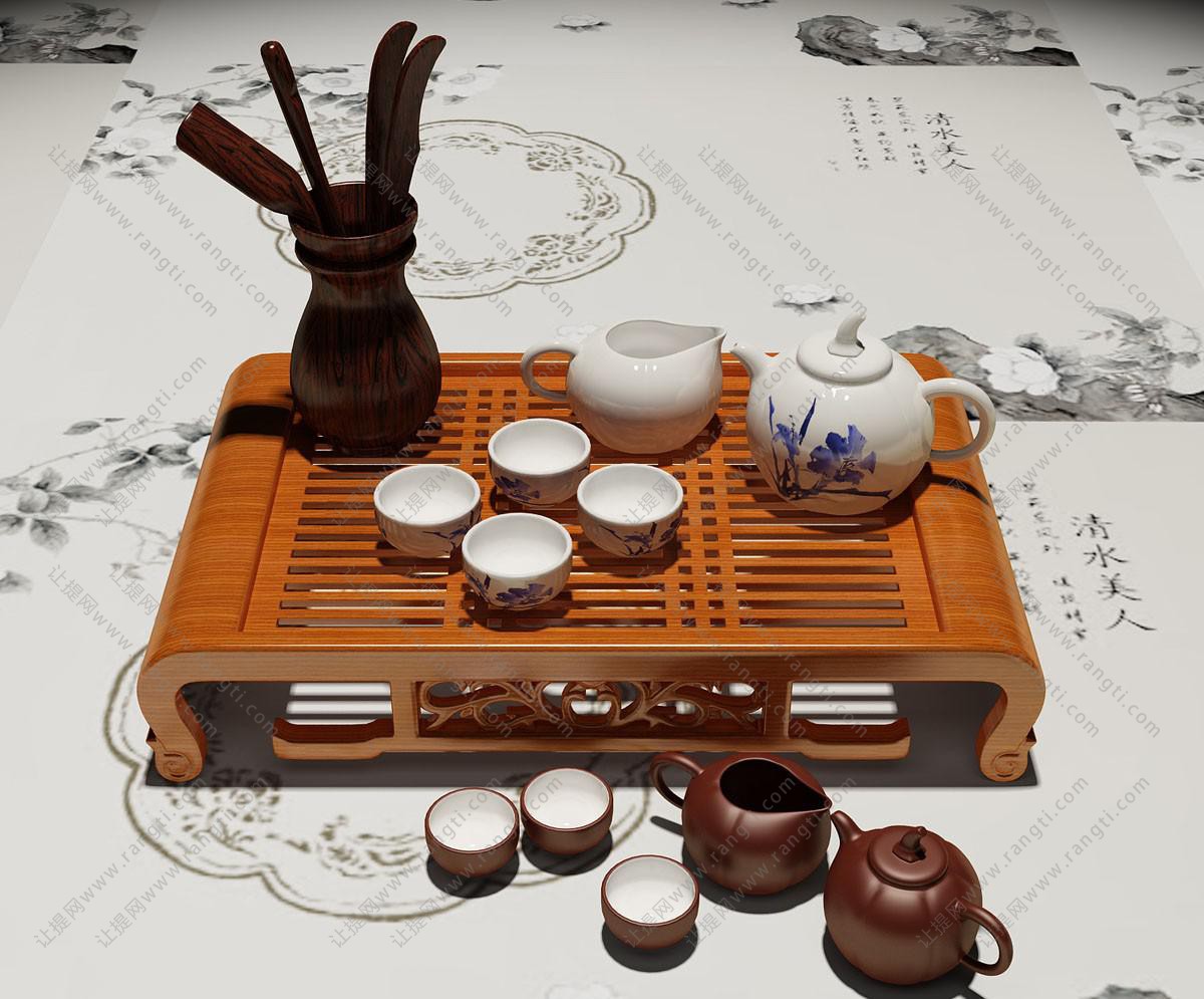 中式茶台、实木茶盘、茶具茶杯组合