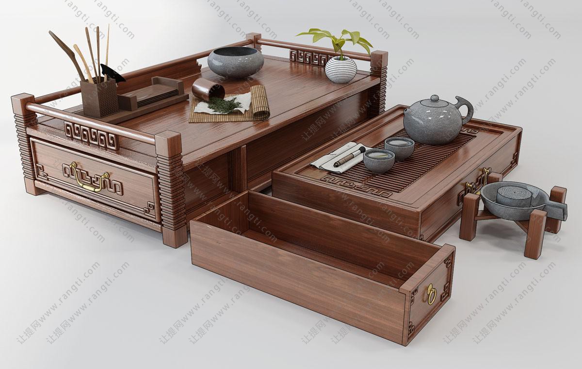 中式实木茶桌、茶盘、茶具组合 茶壶杯子