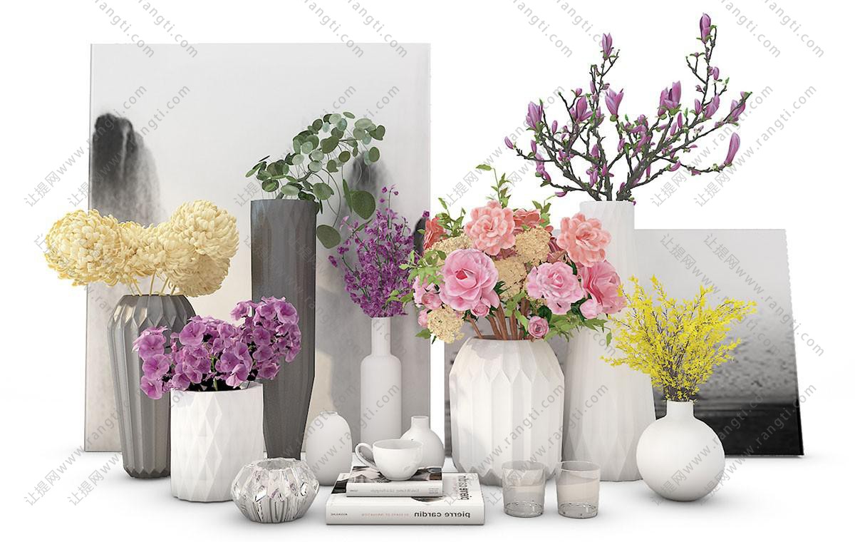 玉兰、玫瑰、蝴蝶兰花瓶花卉