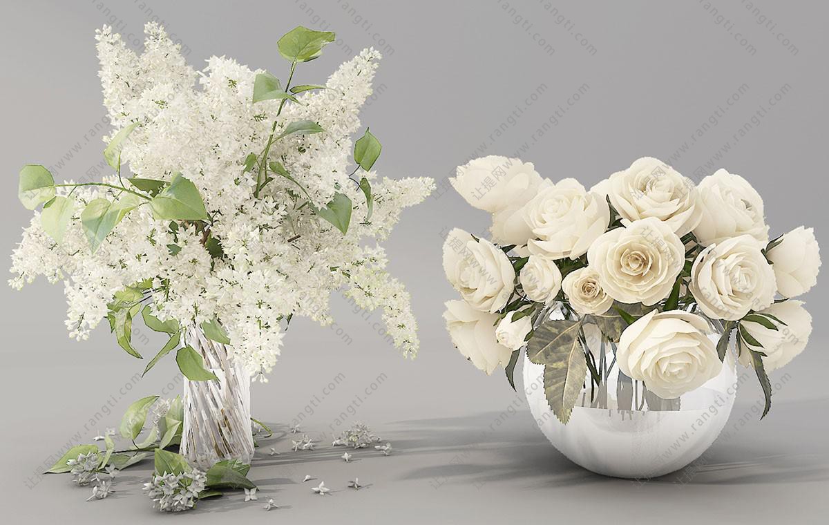 花毛茛、紫丁香花瓶花卉