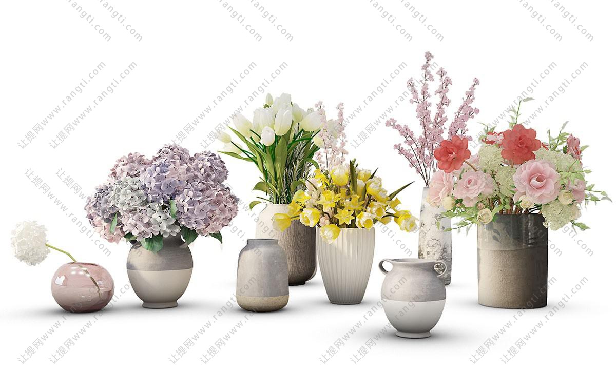 绣球花、郁金香、梅花、蔷薇、金花茶花瓶花卉