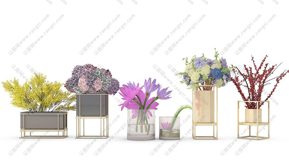 梅花、荷花、绣球花瓶花卉