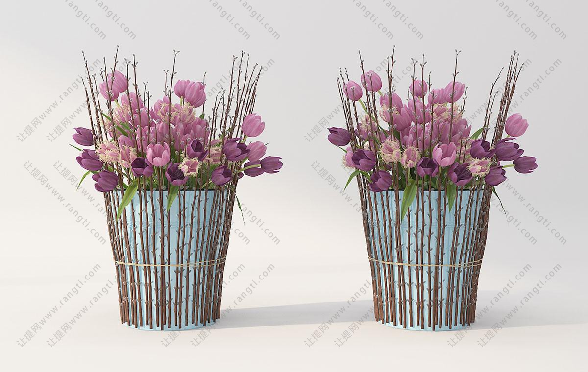 用花枝装点的花盆、郁金香花瓶花卉