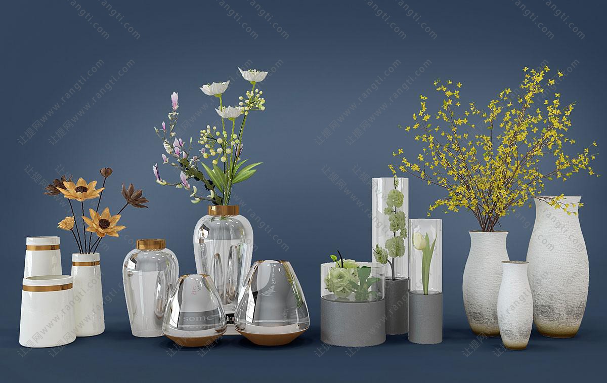 迎春花、莲花、郁金香花瓶花卉