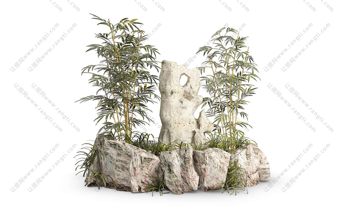中式假山、石头和竹子植物庭院园艺小品