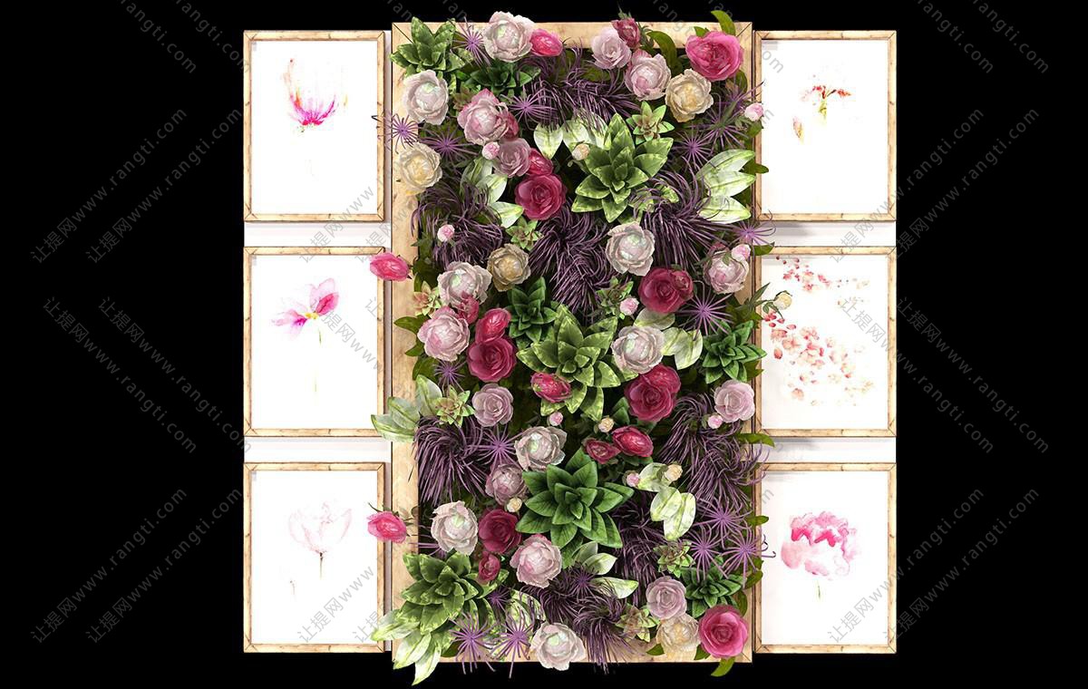 现代画框和玫瑰花、紫草植物墙
