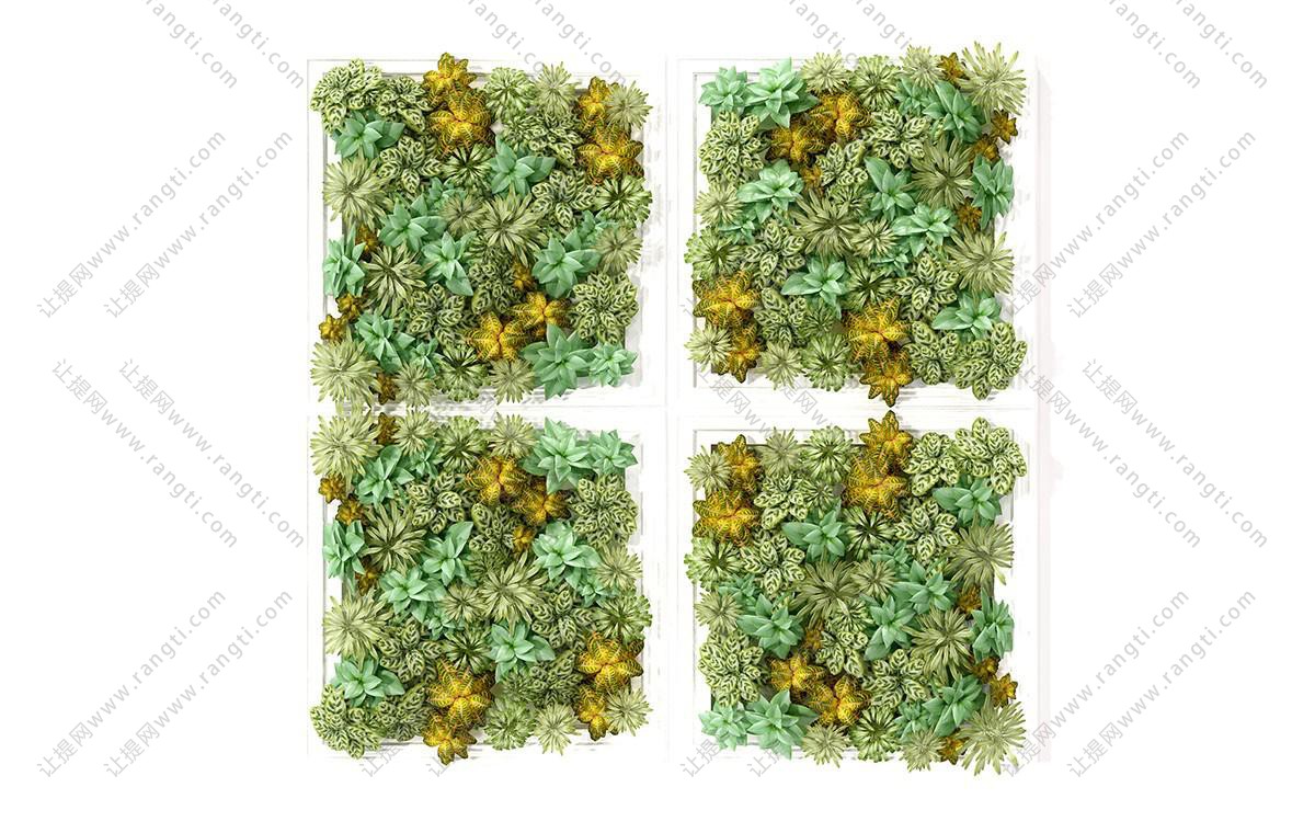 四个方形带花纹叶片植物墙
