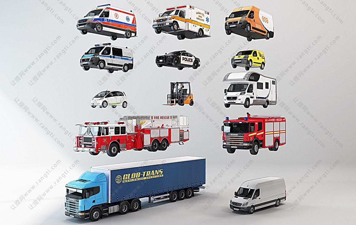 救护车、警车、房车、箱货车组合