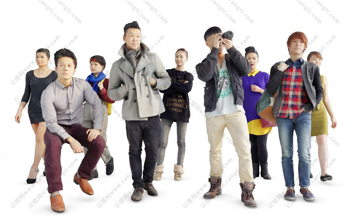 拿着相机、背着包、坐着观望的多人人物