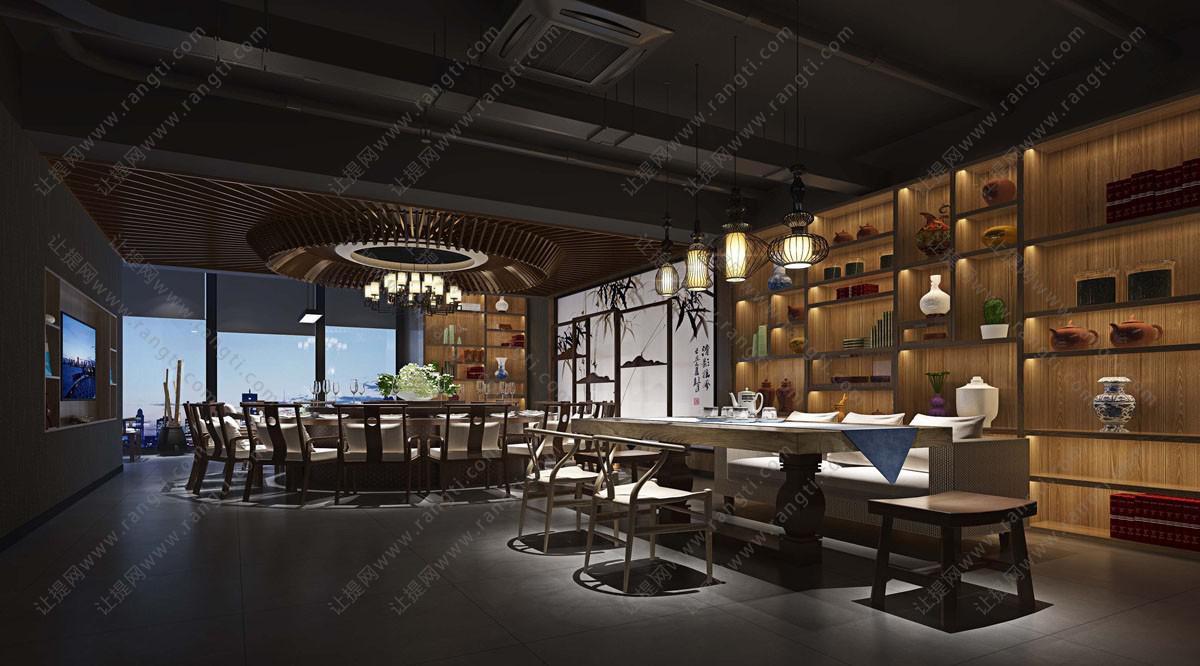 栅格木局部吊顶的新中式酒店包厢包间