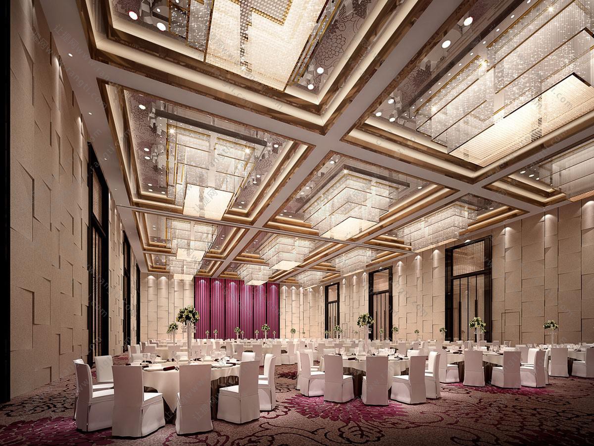 金属条装饰吊顶的新中式酒店宴会厅