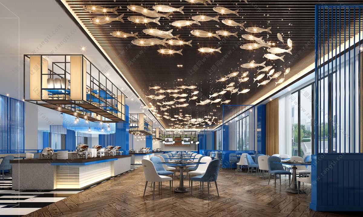 将吊顶做成鱼群戏水主题的自助餐厅