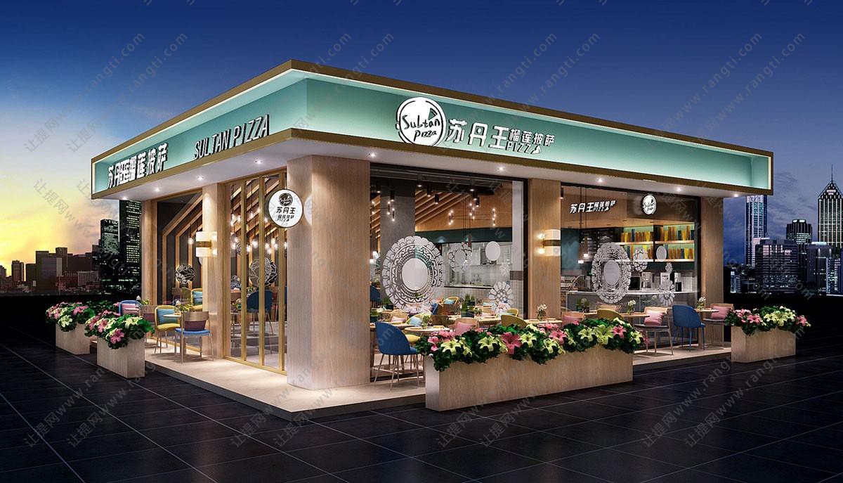 外墙以木纹装饰为主的披萨店