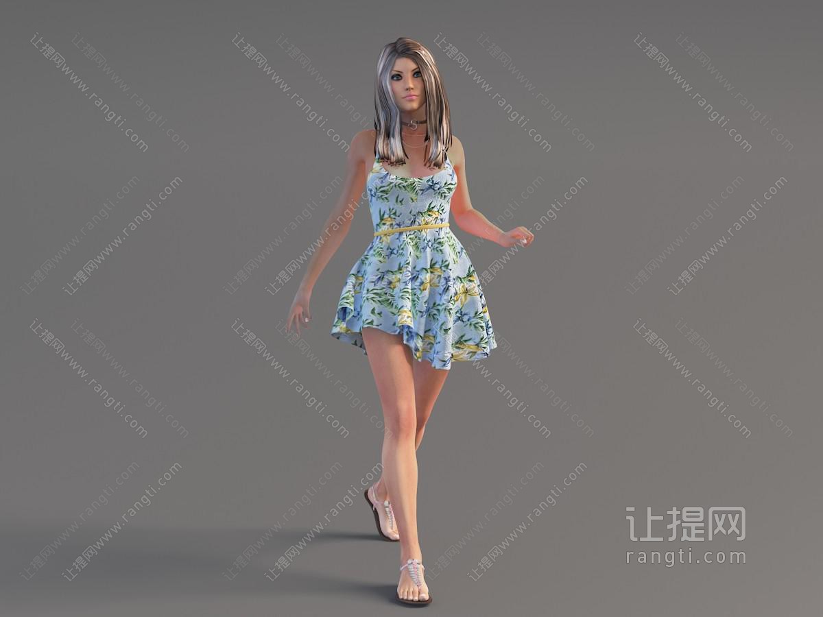 人物之身穿吊带连衣裙、平底凉鞋走路的女人