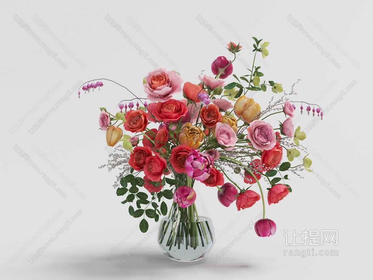插满红色、黄色玫瑰花玻璃花瓶花卉