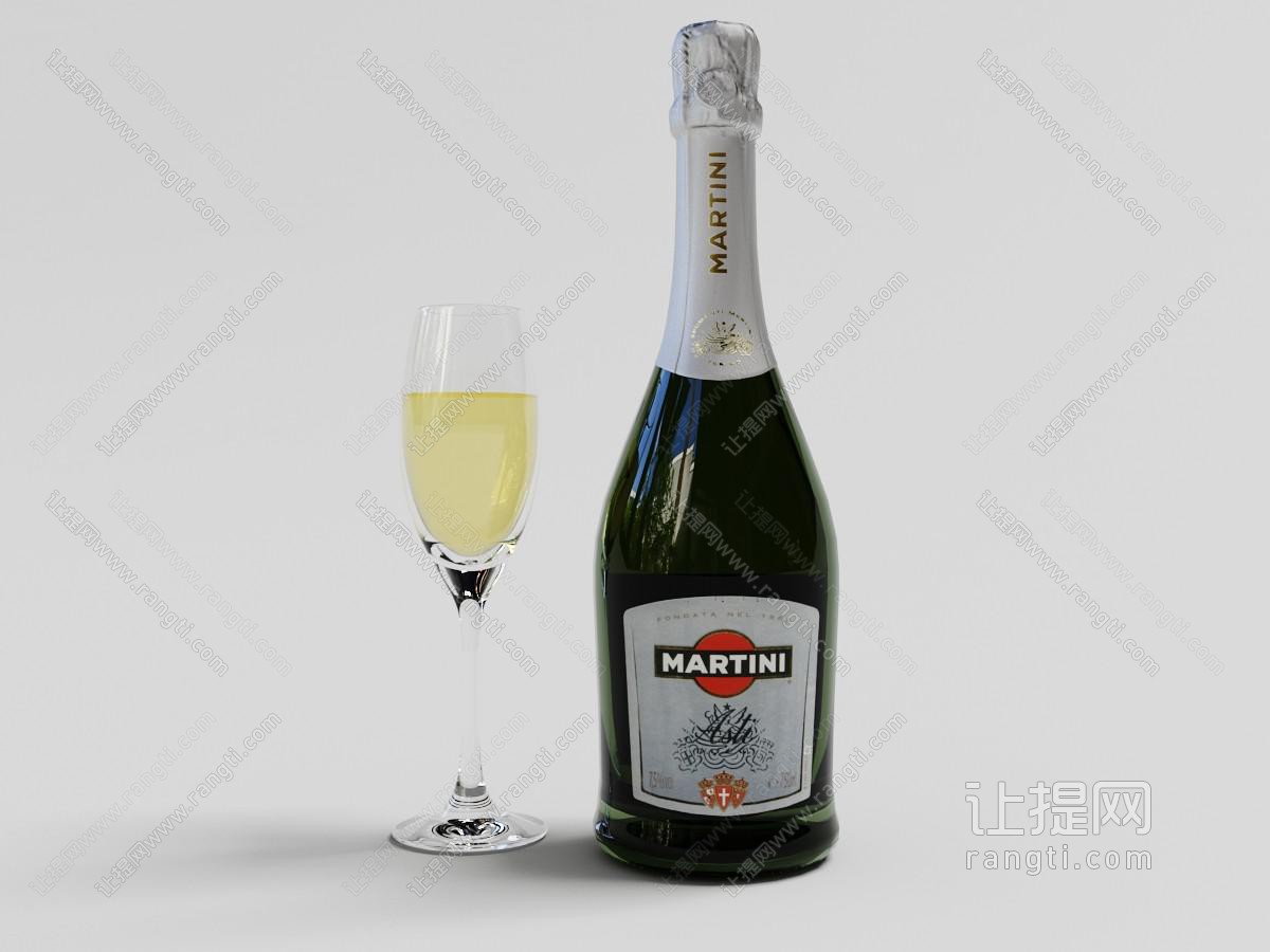 一瓶红酒和装有香槟的高脚杯