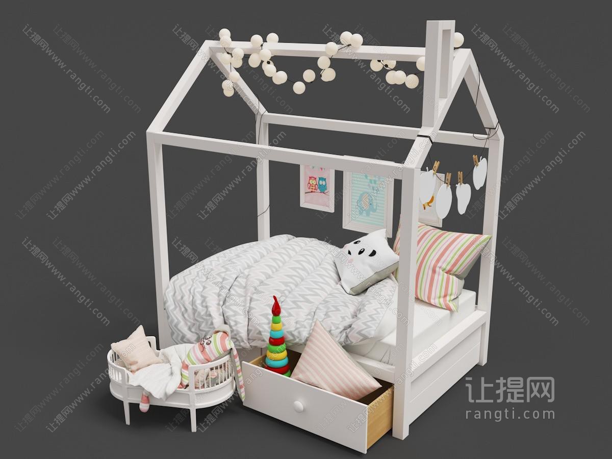 小木屋造型装饰有花灯的儿童床