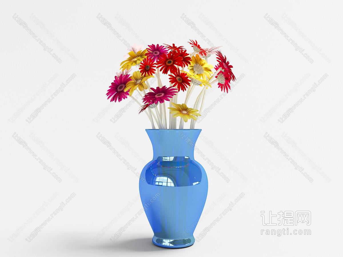 蓝色古典玻璃磨砂花瓶雏菊花卉