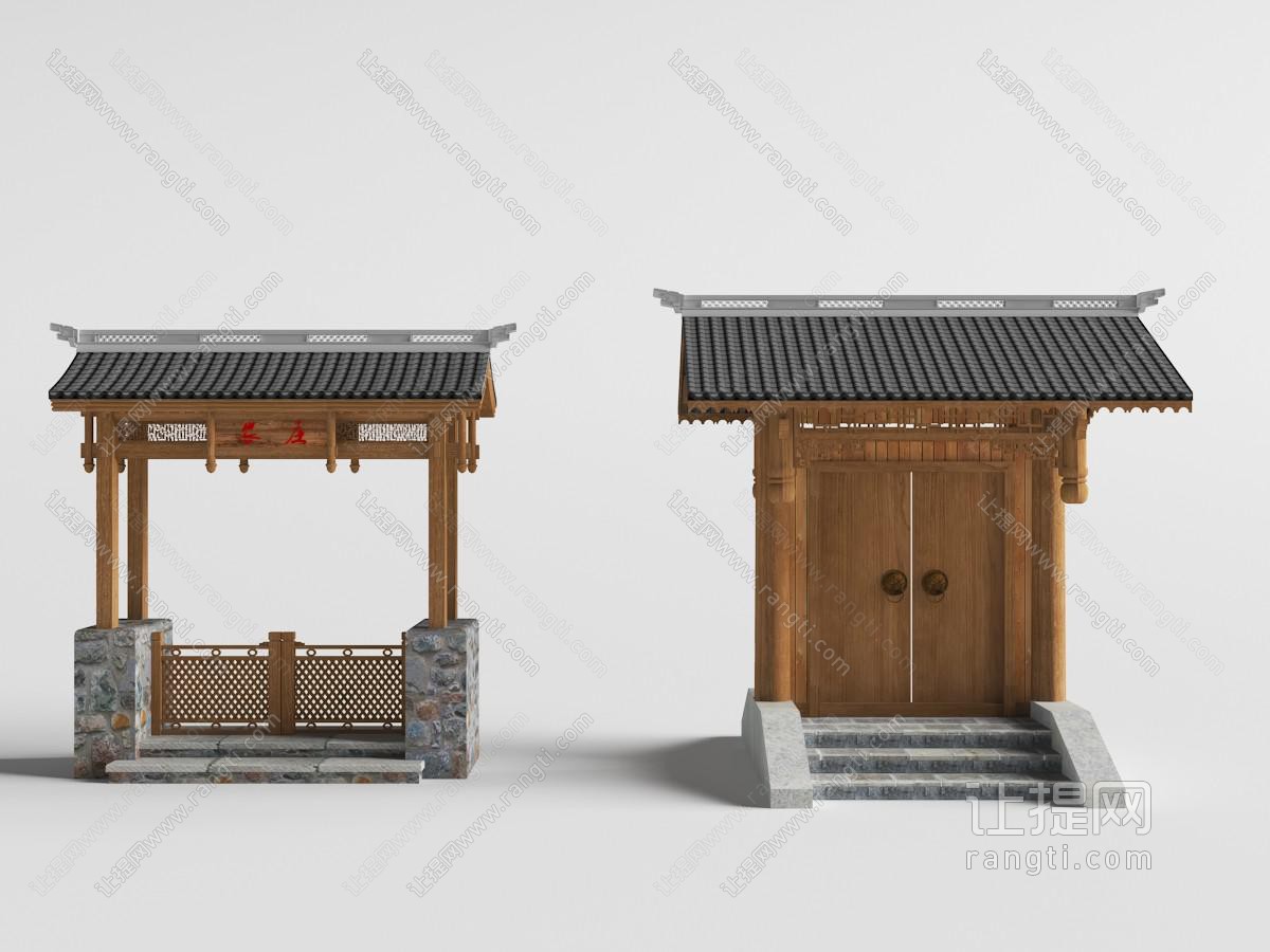 中式古式建筑带瓦片房檐的实木双扇大门